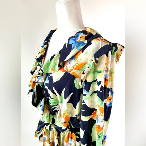 LAUREN RALPH LAUREN | Tropical Floral Ruffle Waist Tie Top Blouse Medium - Picture 5 of 9